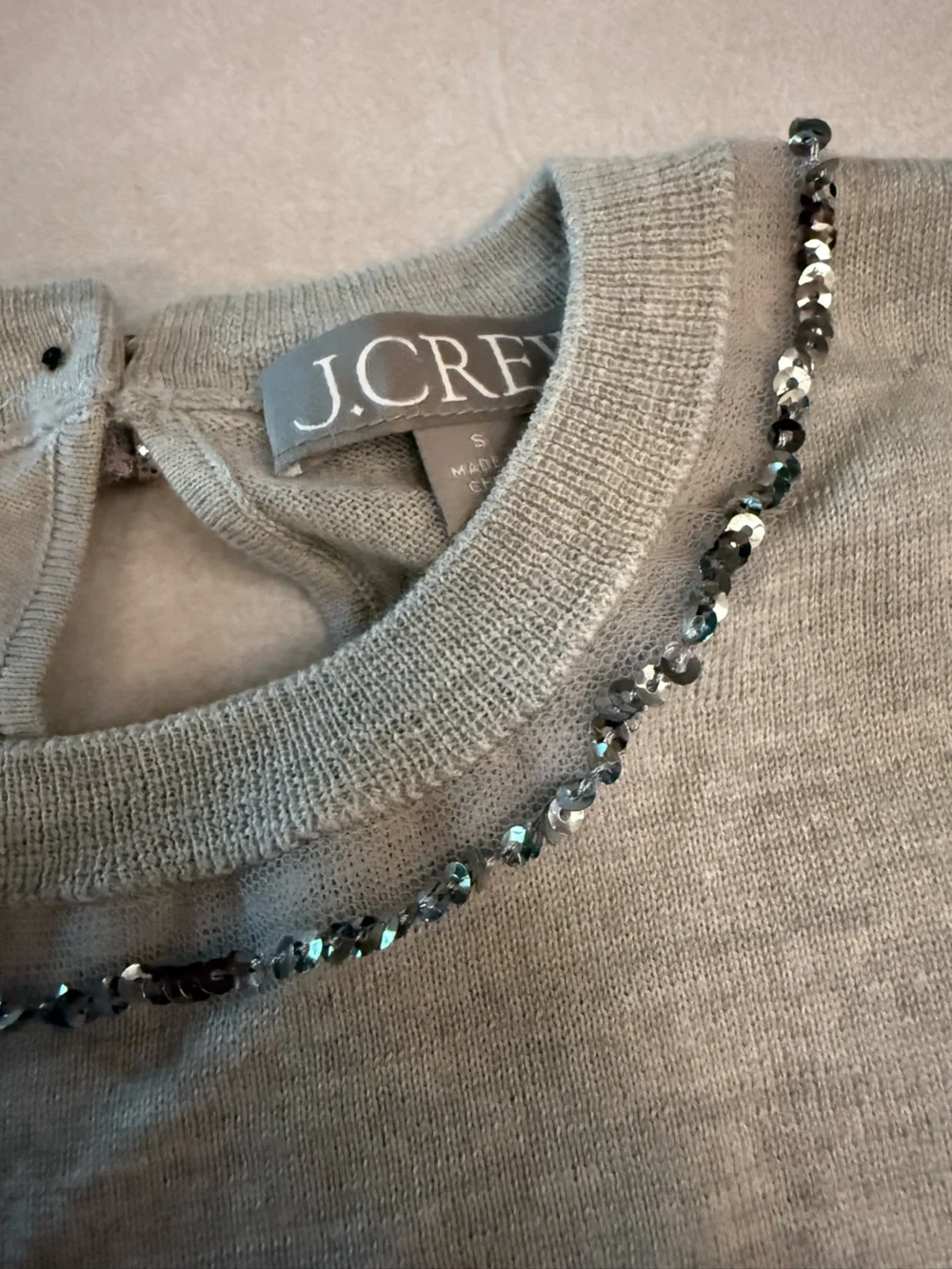 J. Crew Light Gray Bead-Trim Wool Sweater